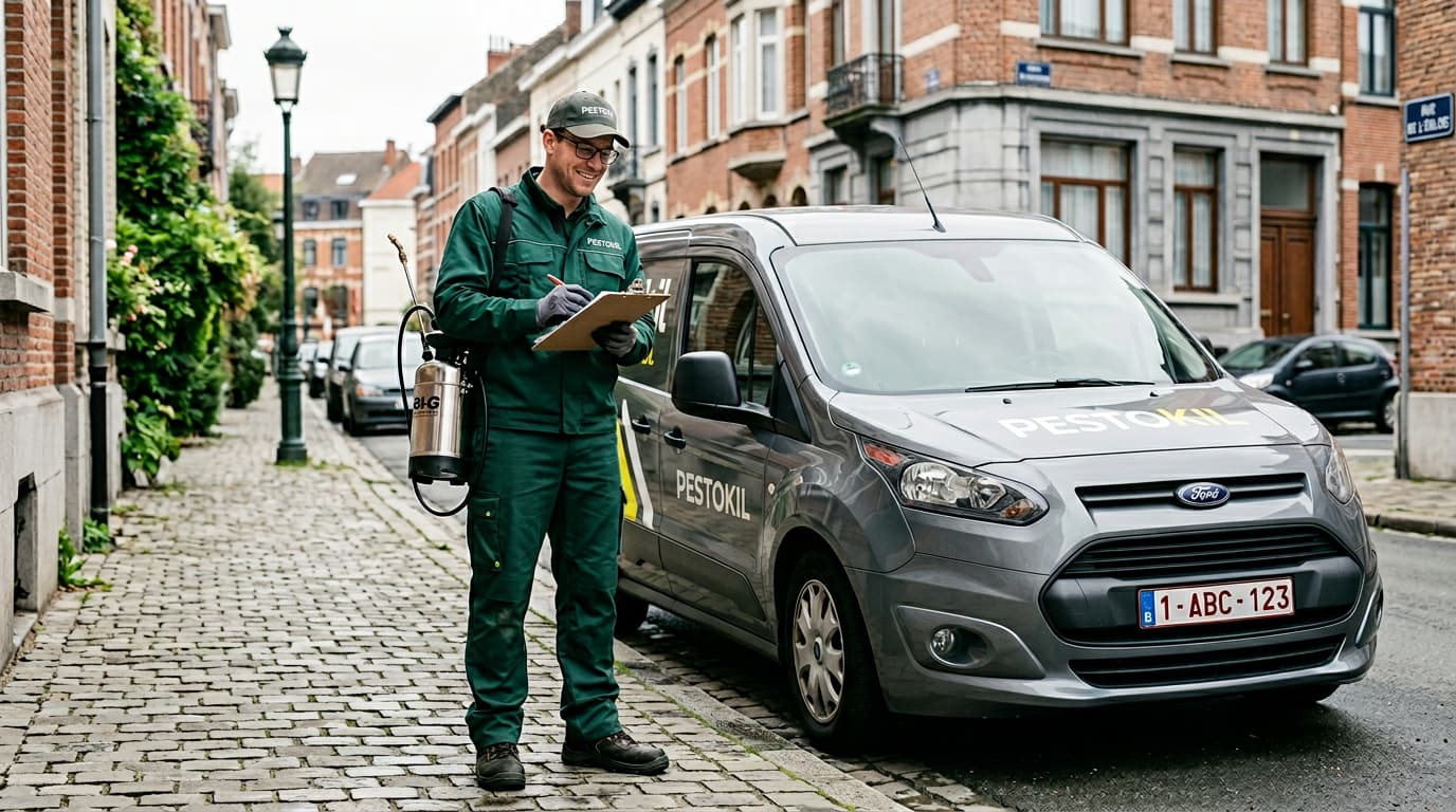 Professionele ongediertebestrijding door technicus met rugspuit