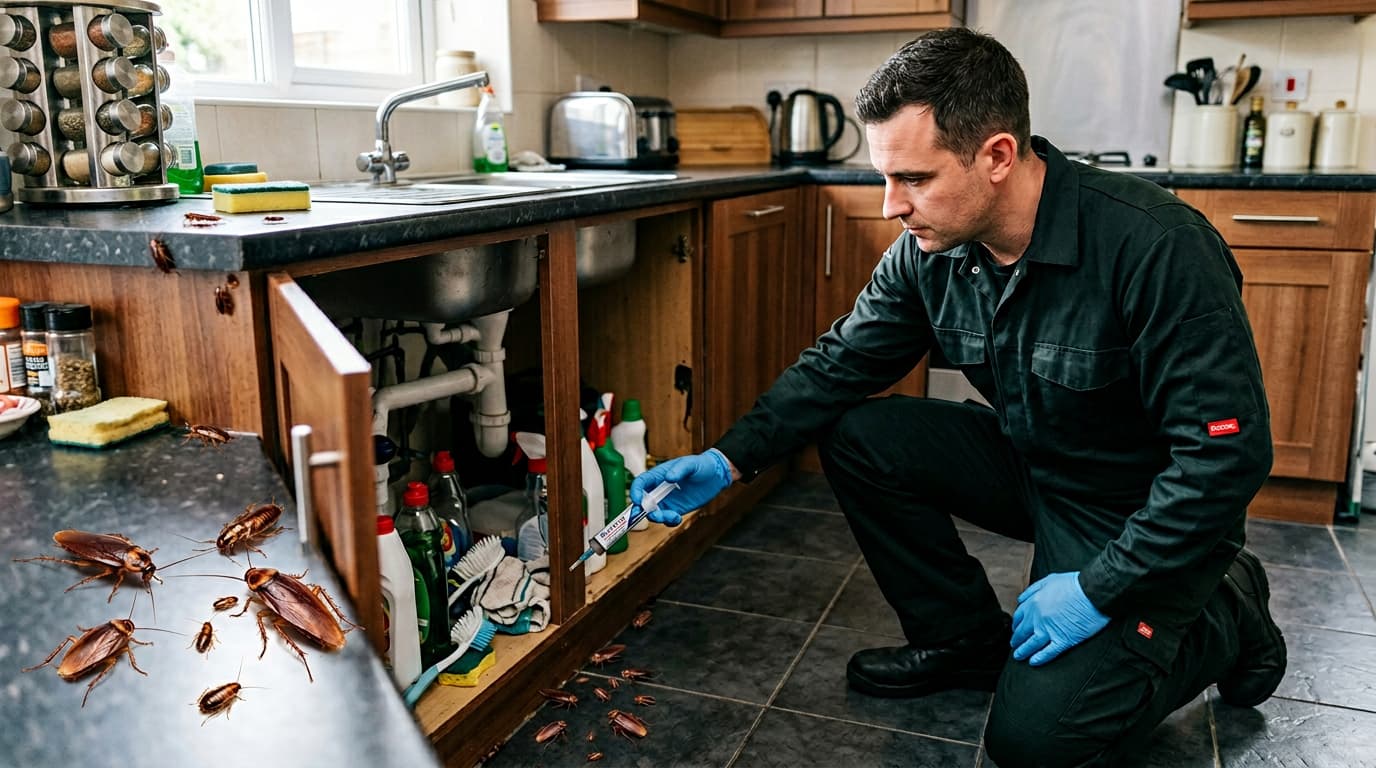 Technicus behandelt keuken tegen kakkerlakken