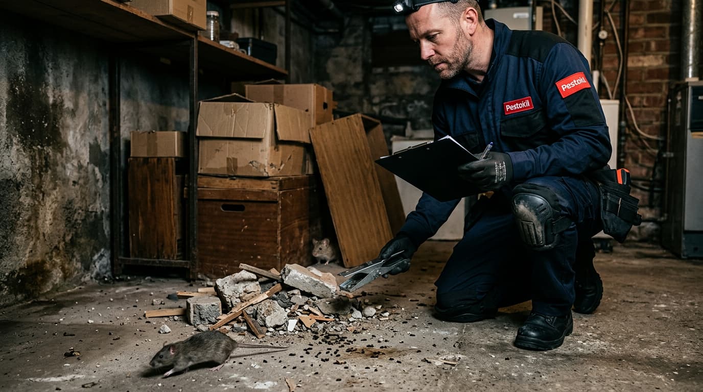 Technicus plaatst muizen- en rattenval